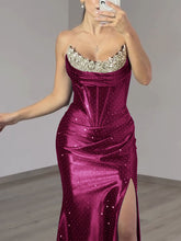 Sparkly Strapless Beaded Corset Satin Long Prom Dress