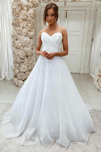 Sparkly White Tulle Lace A-line Sweetheart Sweep Train Wedding Dresses, MW613