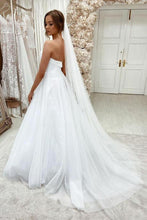Sparkly White Tulle Lace A-line Sweetheart Sweep Train Wedding Dresses, MW613