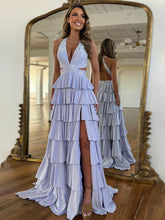 Sparkly A Line Tiered Beaded Corset Long Prom Dress with Slit