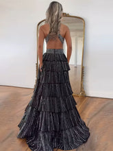 Sparkly A Line Tiered Beaded Corset Long Prom Dress with Slit
