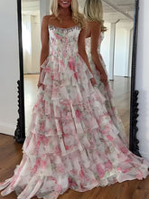 Sparkly Blue Floral Corset Ruffled Long Prom Dress with Slit