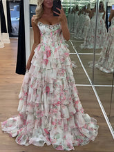 Sparkly Blue Floral Corset Ruffled Long Prom Dress with Slit