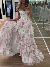 Sparkly Blue Floral Corset Ruffled Long Prom Dress with Slit