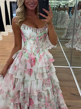 Sparkly Blue Floral Corset Ruffled Long Prom Dress with Slit