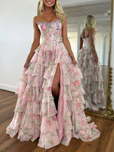 Sparkly Blue Floral Corset Ruffled Long Prom Dress with Slit