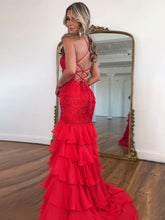 Sparkly Mermaid Spaghetti Straps Lace Prom Dress with Ruffle Skirt