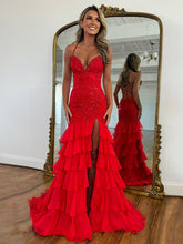 Sparkly Mermaid Spaghetti Straps Lace Prom Dress with Ruffle Skirt