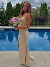 Strapless Beaded Corset Bodice Long Prom Dress with Slit