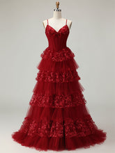 Red Corset Bodice Tiered Long Prom Dress with 3D Floral Appliqués