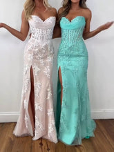 Strapless Corset Lace Floral Prom Dress with Thigh-High Slit