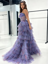 Strapless Floral Print Tiered Ruffles Corset Prom Dress with Slit