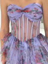 Strapless Floral Print Tiered Ruffles Corset Prom Dress with Slit