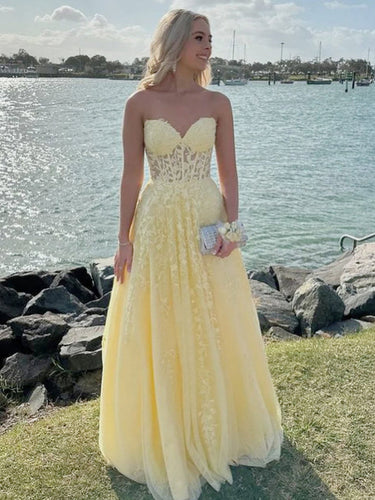 Strapless Lace Applique A-Line Empire-Waist Tulle Prom Dress