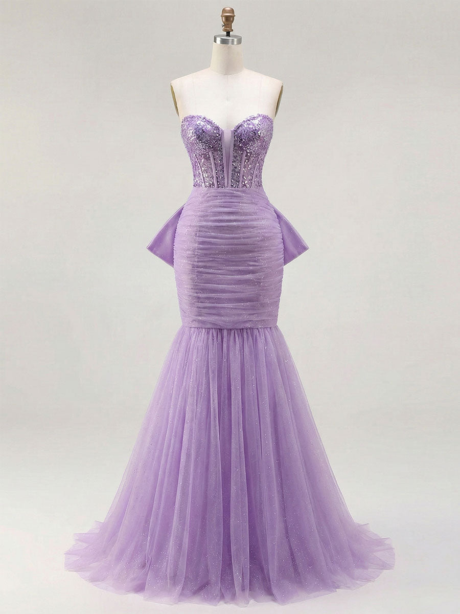 Strapless Mermaid Sequin Corset Ruched Long Prom Dress