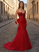 Red Strapless Mermaid Sequin Corset Ruched Long Prom Dress