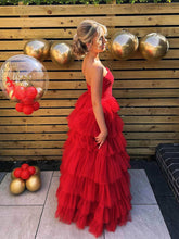 Strapless Red Cascading Tulle Ruffles Long Prom Dress