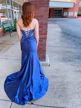 Strapless Royal Blue V Neck Beaded Long Prom Dress with Slit