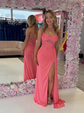 Strapless Sheer Corset Bodice Prom Gown with High Slit