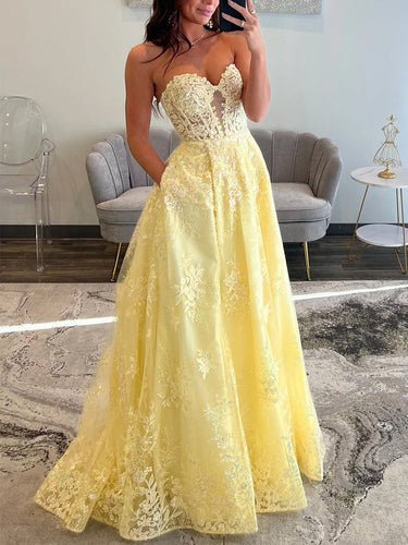 Strapless Sweetheart Lace Corset Prom Dress with Pockets