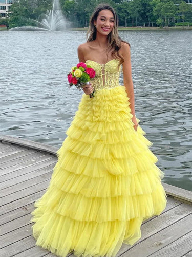 Strapless Sweetheart Tiered Tulle Long Prom Dress with Appliques
