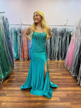 Hot Pink Strapless Beaded Corset Prom Dress with Slit