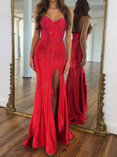 Navy Blue Strapless Sequin Prom Dress with Linear Beading