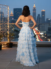 Strapless Sweetheart Ruffle Printing Chiffon Tiered Long Prom Dress
