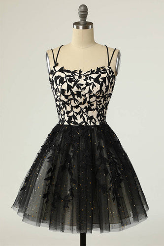 Straps Black Appliques Short Prom Dress Homecoming Dress with Sequins PD475