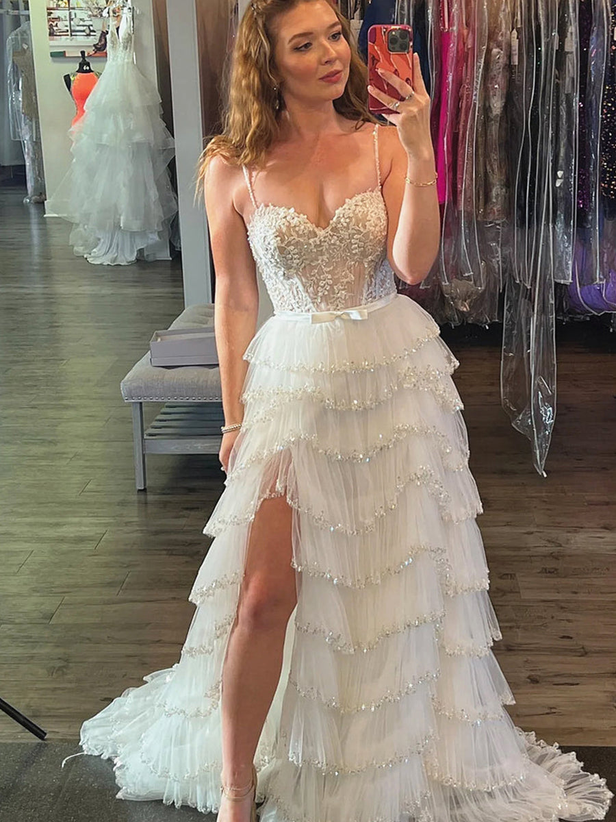 Straps Floral Sequined Multi-Tiered Long Prom Dress with Slit