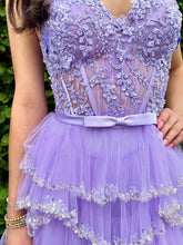 Straps Floral Sequined Multi-Tiered Long Prom Dress with Slit