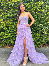 Straps Floral Sequined Multi-Tiered Long Prom Dress with Slit