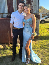 Stunning Light Blue Beaded Corset Prom Dress with Thigh-High Slit