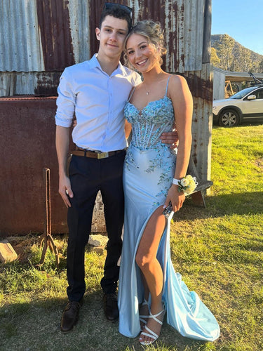 Stunning Light Blue Beaded Corset Prom Dress with Thigh-High Slit