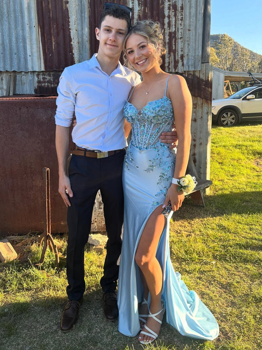 Stunning Light Blue Beaded Corset Prom Dress with Thigh-High Slit