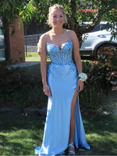 Stunning Light Blue Beaded Corset Prom Dress with Thigh-High Slit