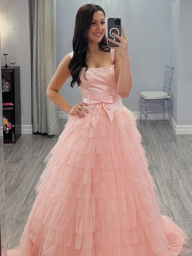 Sweet Light Pink Tiered Ruffle Tulle Prom Dress with Bow