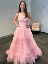 Sweet Pink One-Shoulder Tiered Tulle Long Prom Dress