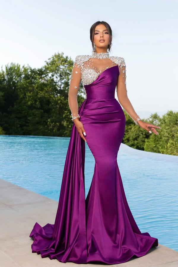 Purple Mermaid High Neck Satin Beading Long Prom Dresses with Sleeves