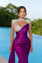Purple Mermaid High Neck Satin Beading Long Prom Dresses with Sleeves