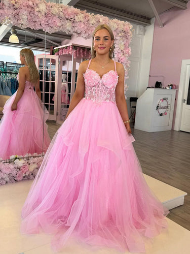 Sweetheart 3D Floral Corset Bodice Prom Dress with Tulle Skirt