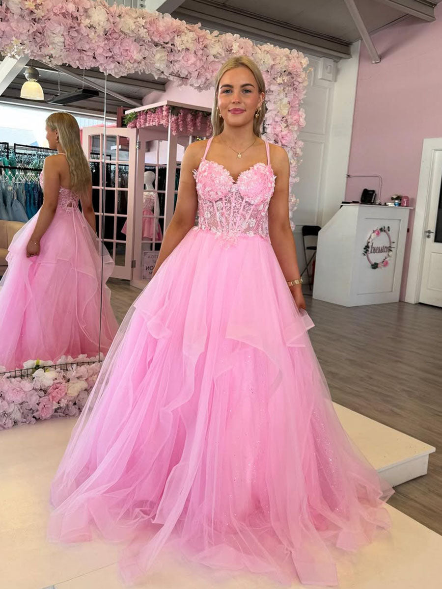 Sweetheart 3D Floral Corset Bodice Prom Dress with Tulle Skirt