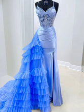 Sweetheart Blue Satin Corset Prom Dress with Ruffled Train