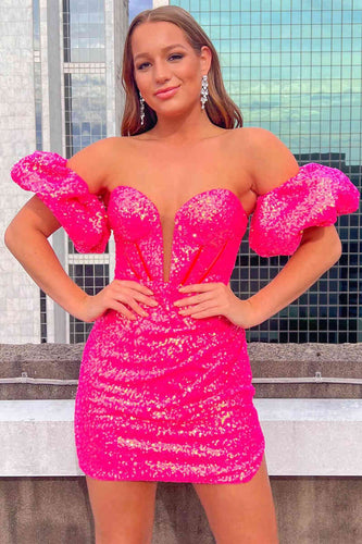 Puff Sleeves Hot Pink Homecoming Dress SYH26