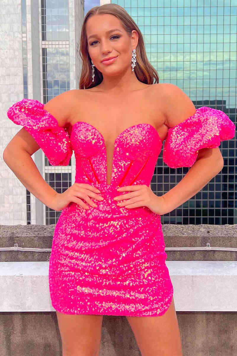 Puff Sleeves Hot Pink Homecoming Dress SYH26