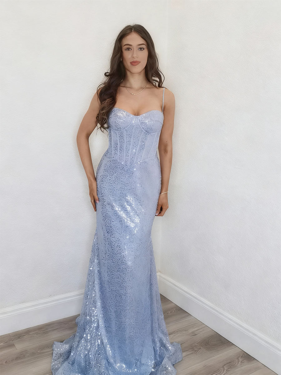 Sweetheart Sheer Corset Bodice Sequin Prom Dress