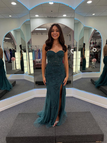 Sweetheart Strapless Floral Lace Prom Dress with High Slit