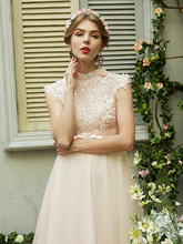 A-Line Wedding Dresses High Neck Sweep  Brush Train Tulle Short Sleeve Open Back with Bowknot Sash  Ribbon Beading