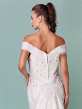 Wedding Dresses Off Shoulder Chapel Train Organza Short Sleeve with Beading Appliques Crystal Floral Pin