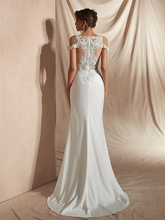 Mermaid Trumpet Wedding Dresses V Neck Asymmetrical Matte Satin Short Sleeve Casual Sexy Illusion Detail Modern with Appliques